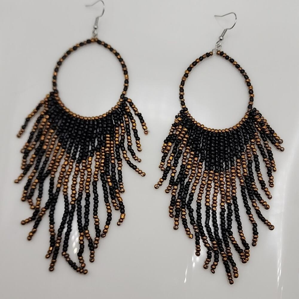 Vesper Fringe Black Boho Beaded Hoop Earrings - Picture 3 of 3